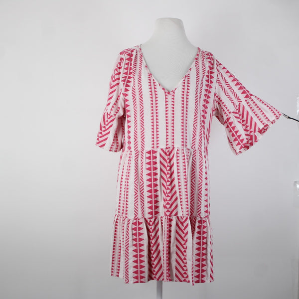 Velvet Sz M White Pink V Neck Ruffled Short Sleeve Pullover 100% Cotton Dress