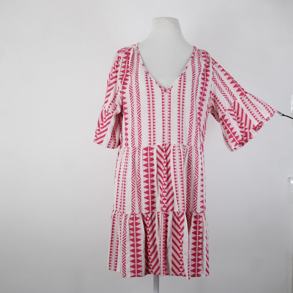 Velvet Sz M White Pink V Neck Ruffled Short Sleeve Pullover 100% Cotton Dress