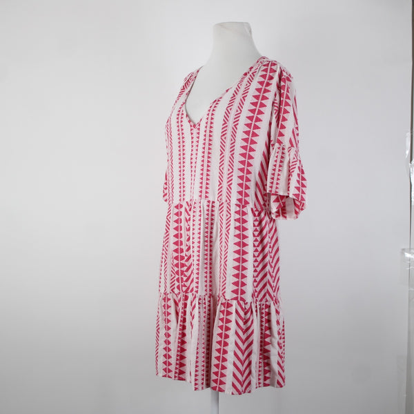 Velvet Sz M White Pink V Neck Ruffled Short Sleeve Pullover 100% Cotton Dress