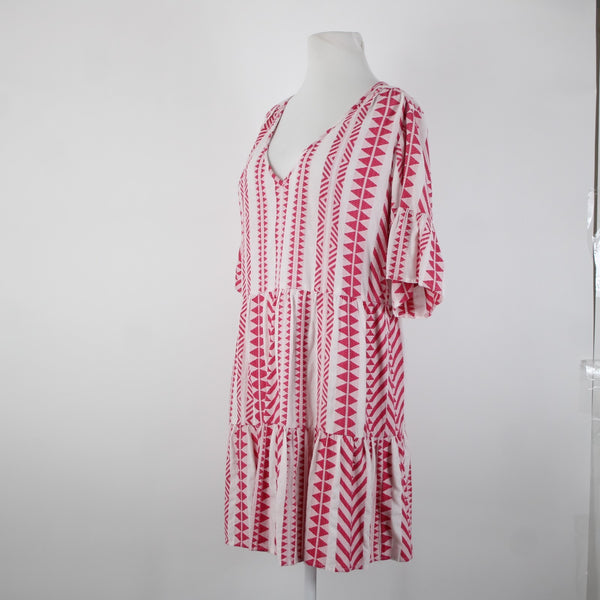 Velvet Sz M White Pink V Neck Ruffled Short Sleeve Pullover 100% Cotton Dress