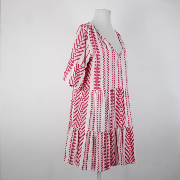 Velvet Sz M White Pink V Neck Ruffled Short Sleeve Pullover 100% Cotton Dress