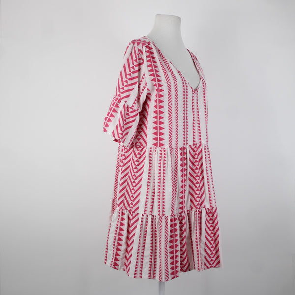 Velvet Sz M White Pink V Neck Ruffled Short Sleeve Pullover 100% Cotton Dress