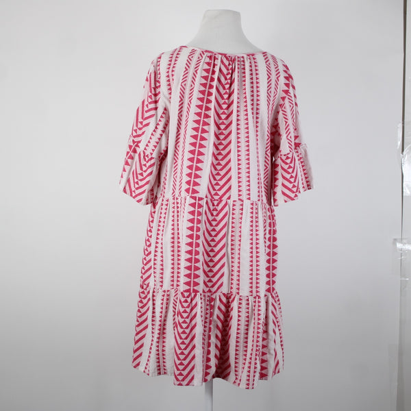 Velvet Sz M White Pink V Neck Ruffled Short Sleeve Pullover 100% Cotton Dress