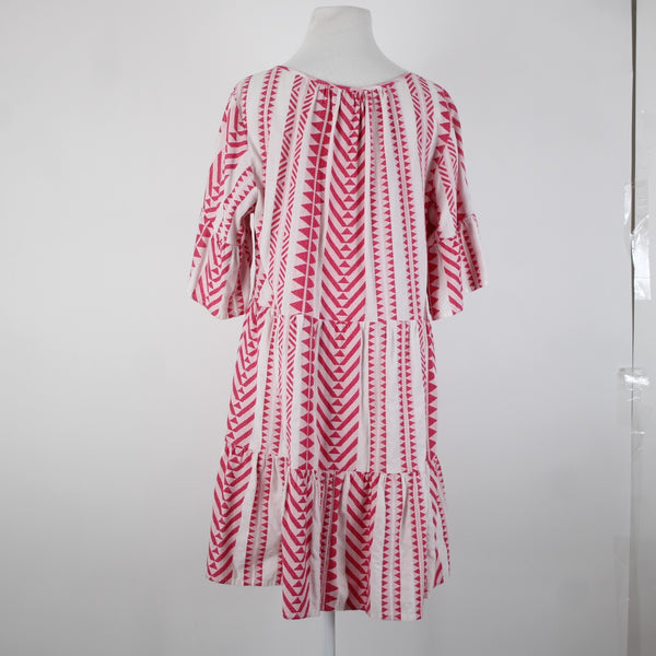 Velvet Sz M White Pink V Neck Ruffled Short Sleeve Pullover 100% Cotton Dress