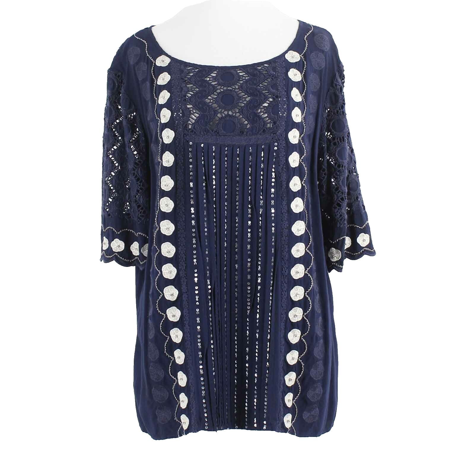 V Cristina Sz L Navy Blue White Embroidered Rhinestone Mix Media Rayon Top