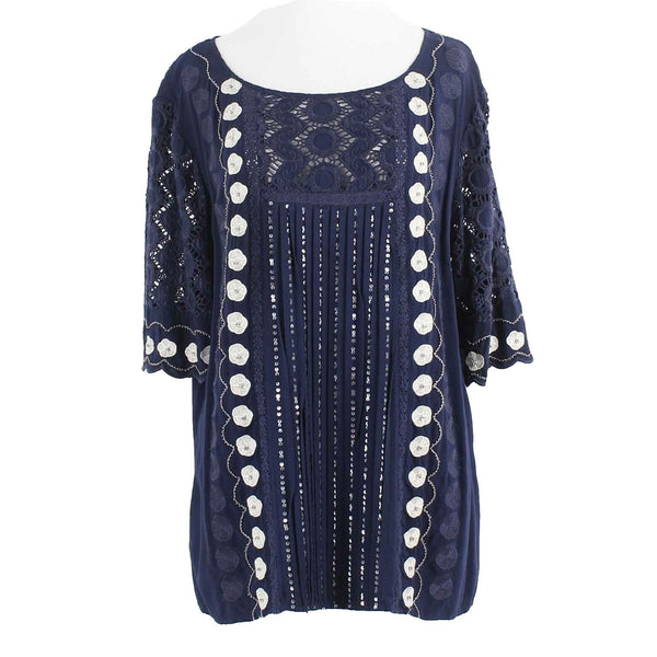 V Cristina Sz L Navy Blue White Embroidered Rhinestone Mix Media Rayon Top
