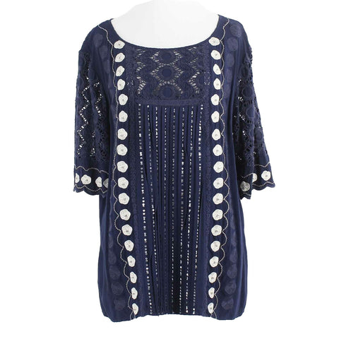 V Cristina Sz L Navy Blue White Embroidered Rhinestone Mix Media Rayon Top