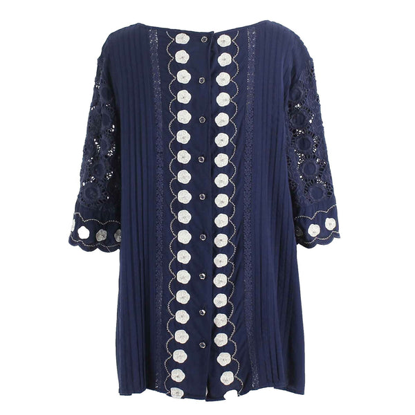 V Cristina Sz L Navy Blue White Embroidered Rhinestone Mix Media Rayon Top