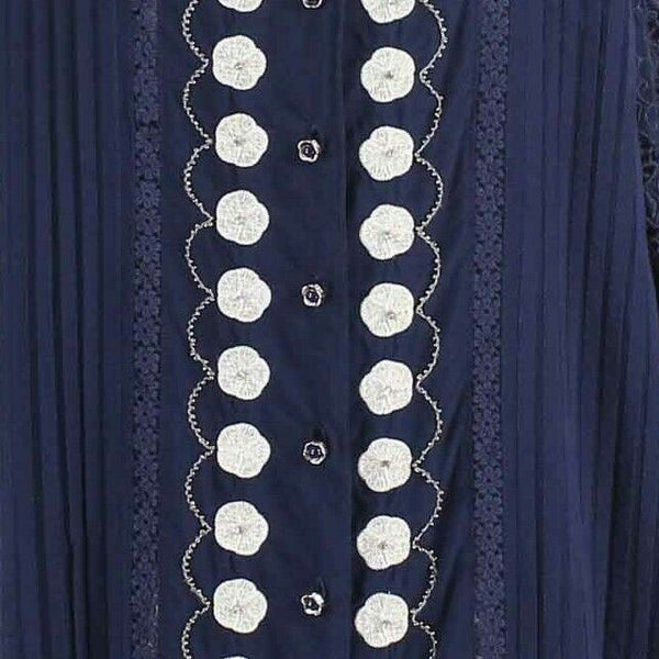 V Cristina Sz L Navy Blue White Embroidered Rhinestone Mix Media Rayon Top