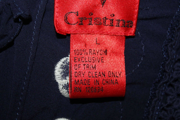V Cristina Sz L Navy Blue White Embroidered Rhinestone Mix Media Rayon Top