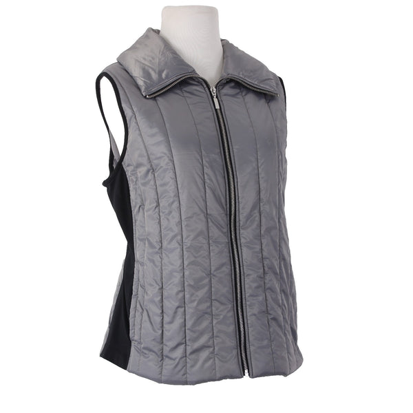 Chicos Vest Zenergy Sz 2 Gray Shimmer Front Black Back Pockets Full Zip