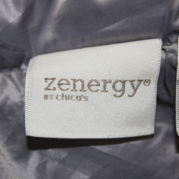 Chicos Vest Zenergy Sz 2 Gray Shimmer Front Black Back Pockets Full Zip