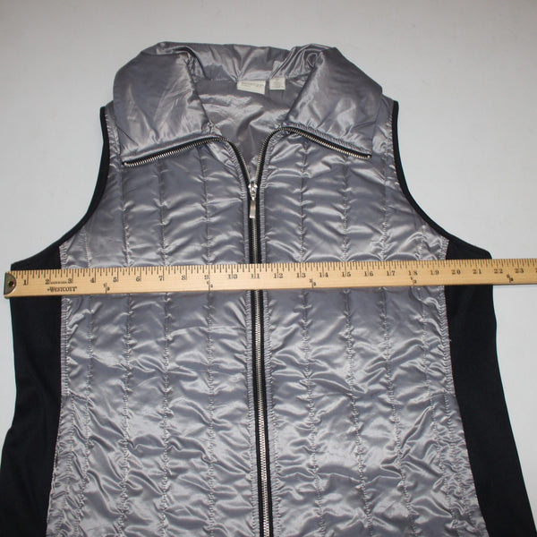 Chicos Vest Zenergy Sz 2 Gray Shimmer Front Black Back Pockets Full Zip