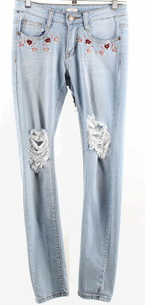 Jazz Sz 1 x 30 Blue Distressed Denim Embroidered Cotton Blend Skinny Jeans