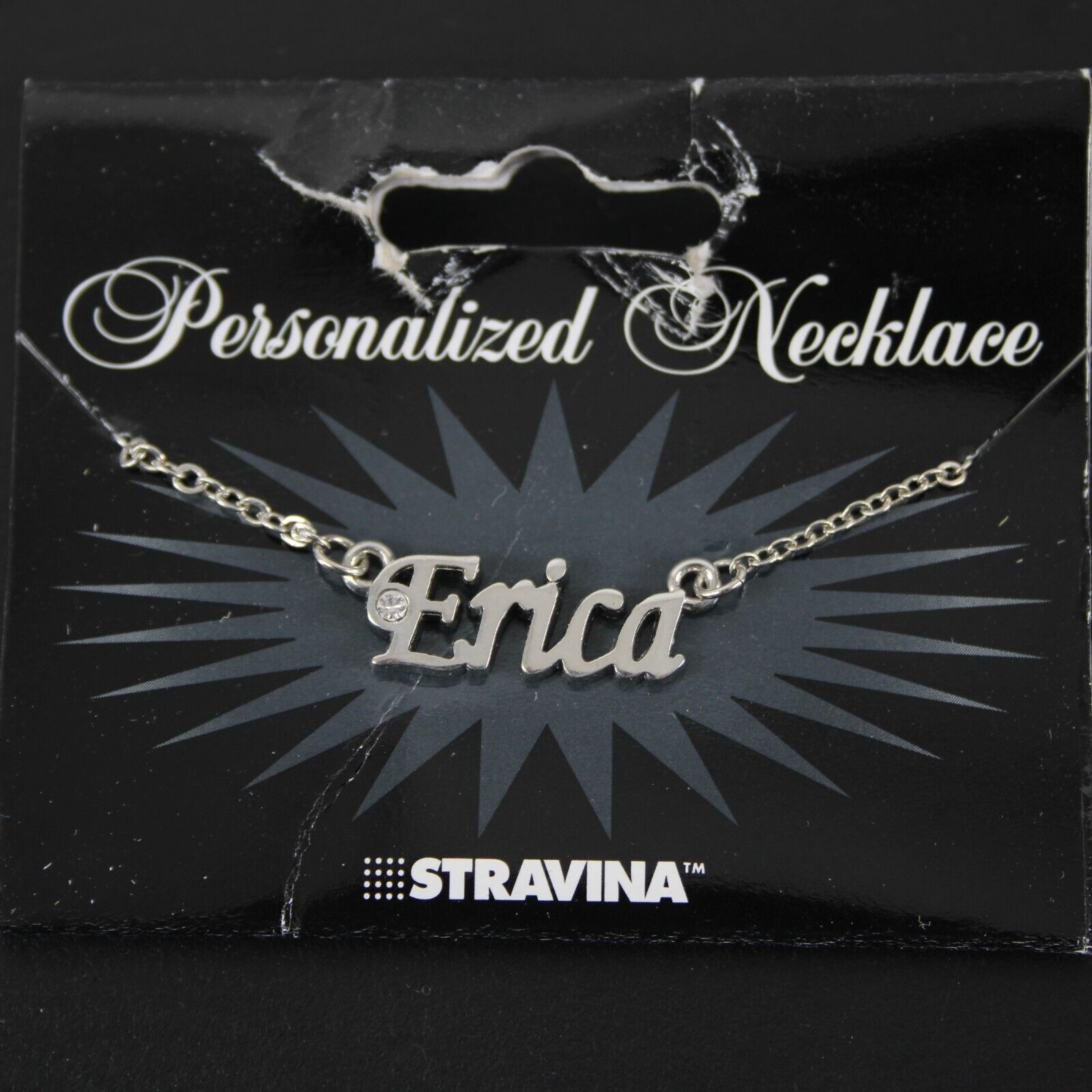 ERICA Name Silvertone Rhinestone 14.5" w 4.5" Multi Ring Ext Necklace