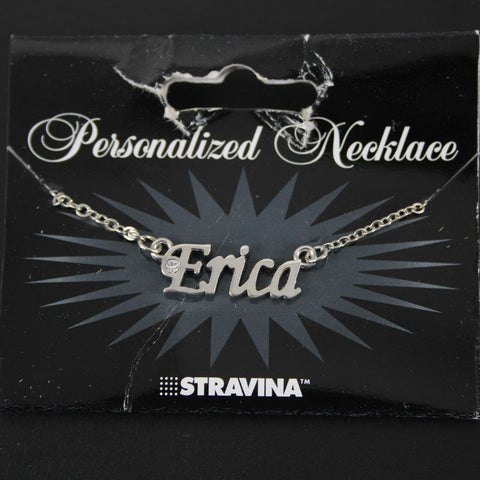 ERICA Name Silvertone Rhinestone 14.5" w 4.5" Multi Ring Ext Necklace