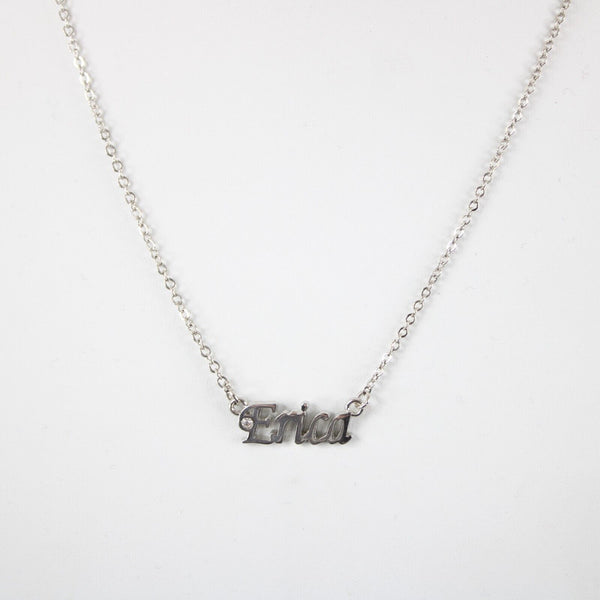 ERICA Name Silvertone Rhinestone 14.5" w 4.5" Multi Ring Ext Necklace