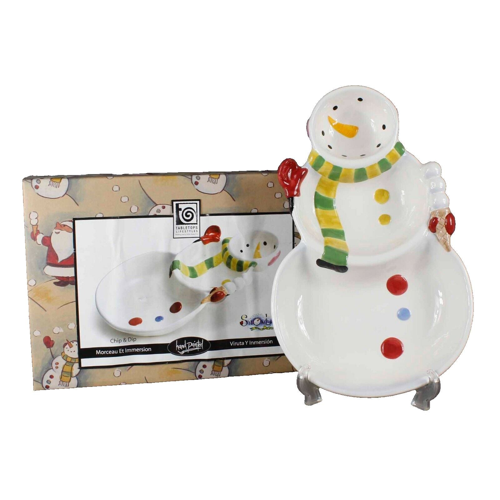 Table Tops Unlimited NEW $40 18 x 12 Snowballs Ceramic 3D Chip & Dip Set 612Q
