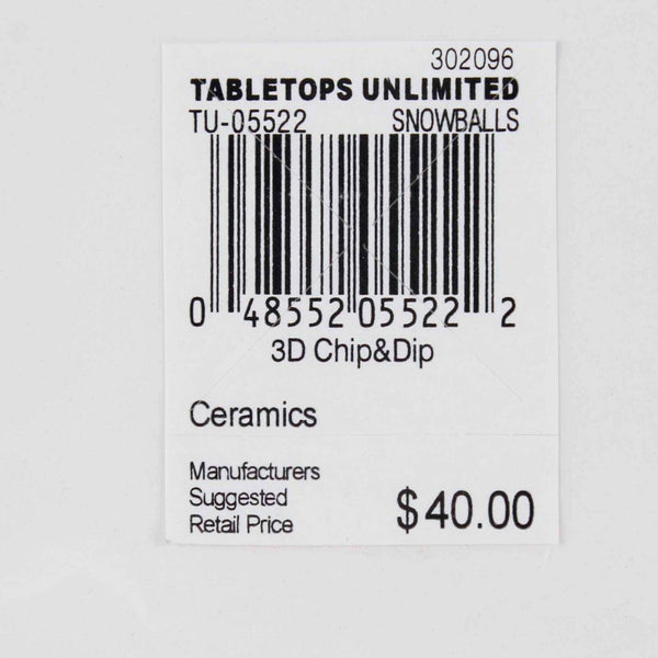 Table Tops Unlimited NEW $40 18 x 12 Snowballs Ceramic 3D Chip & Dip Set 612Q