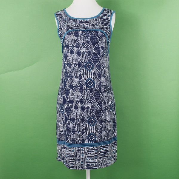 Max Studio Sz S Blue Multi Scoop Teal Trim Poly Spandex Stretch Knit Shift Dress