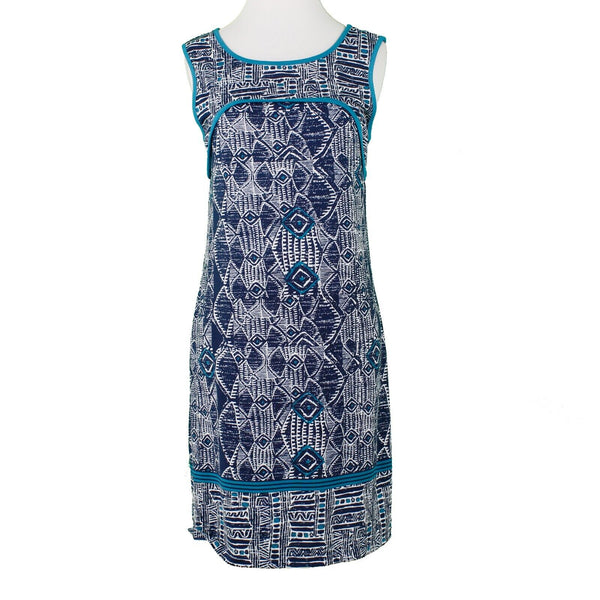 Max Studio Sz S Blue Multi Scoop Teal Trim Poly Spandex Stretch Knit Shift Dress