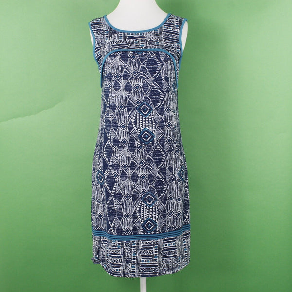 Max Studio Sz S Blue Multi Scoop Teal Trim Poly Spandex Stretch Knit Shift Dress