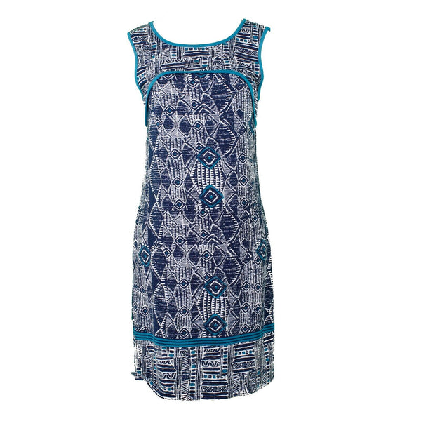 Max Studio Sz S Blue Multi Scoop Teal Trim Poly Spandex Stretch Knit Shift Dress