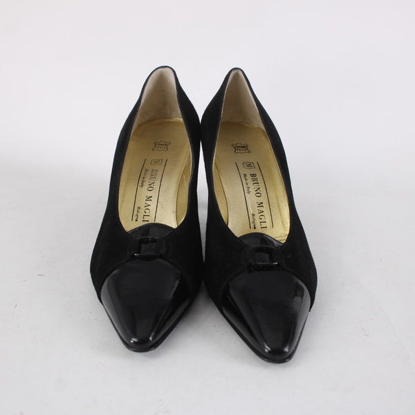 Bruno Magli Heels Sz 10 B Black Slip On Suede Patent Leather 3" Heels