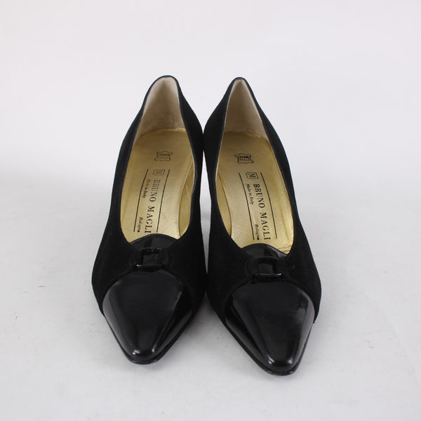 Bruno Magli Heels Sz 10 B Black Slip On Suede Patent Leather 3" Heels