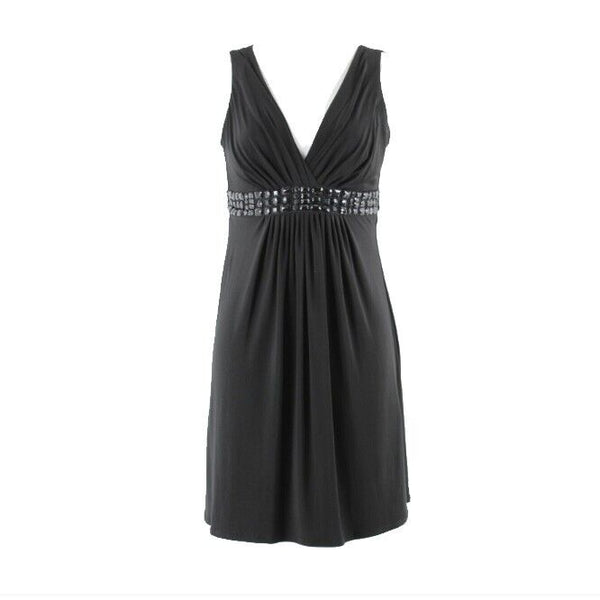 B Smart Sz 6 Black on Black Beaded Self Belt Poly Spandex Dress