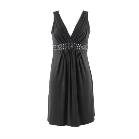 B Smart Sz 6 Black on Black Beaded Self Belt Poly Spandex Dress