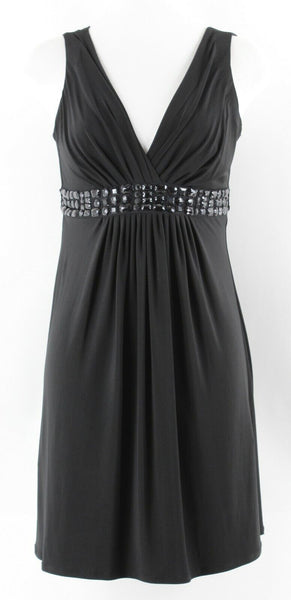 B Smart Sz 6 Black on Black Beaded Self Belt Poly Spandex Dress