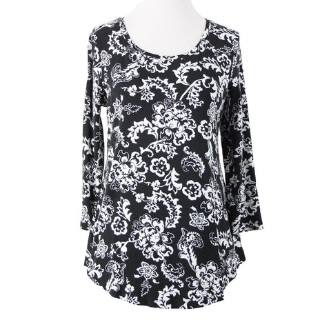 JM Collection NEW $35 Sz XS Black White Floral Mid Sleeve Rayon Spandex Top