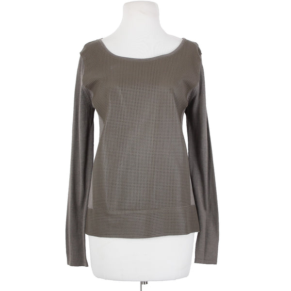 Neiman Marcus Sz S Brown Long Sleeve Leather Front Silk Cotton Top