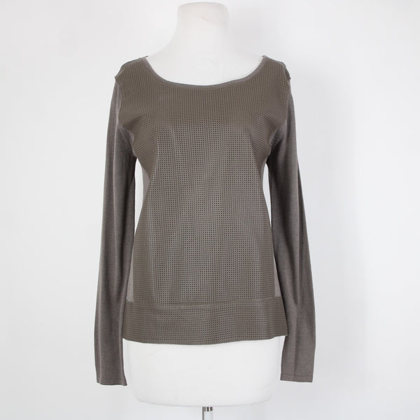 Neiman Marcus Sz S Brown Long Sleeve Leather Front Silk Cotton Top