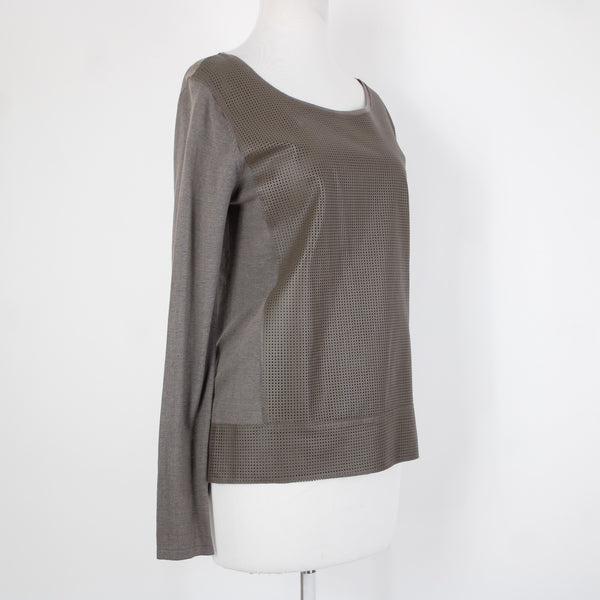 Neiman Marcus Sz S Brown Long Sleeve Leather Front Silk Cotton Top