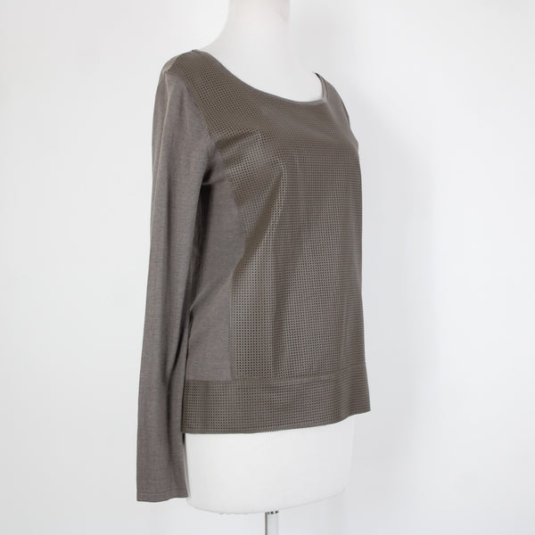 Neiman Marcus Sz S Brown Long Sleeve Leather Front Silk Cotton Top