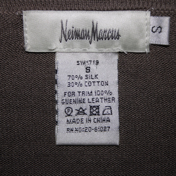 Neiman Marcus Sz S Brown Long Sleeve Leather Front Silk Cotton Top