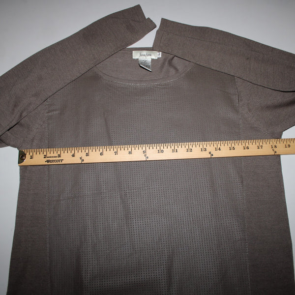Neiman Marcus Sz S Brown Long Sleeve Leather Front Silk Cotton Top