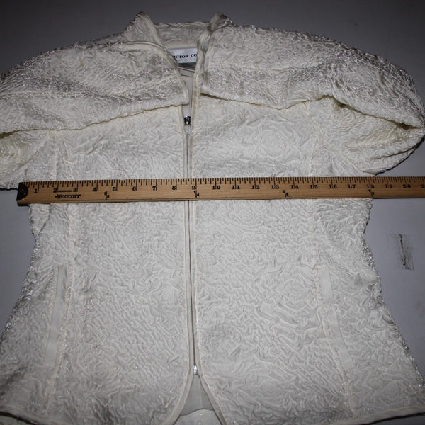 Victor Costa Sz 10 Cream Collared Full Zip Pockets Rayon Polyester Jacket