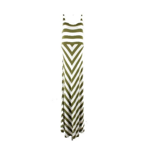 Sahalie Sz S Olive Ivory Stripe Extra Long Raw Hem Rayon Blend Maxi Dress