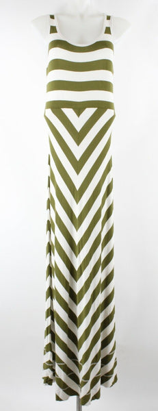 Sahalie Sz S Olive Ivory Stripe Extra Long Raw Hem Rayon Blend Maxi Dress