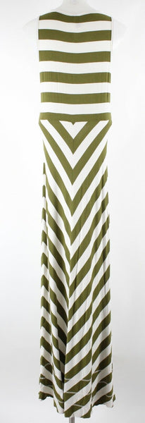 Sahalie Sz S Olive Ivory Stripe Extra Long Raw Hem Rayon Blend Maxi Dress