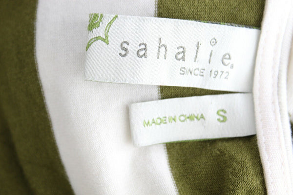 Sahalie Sz S Olive Ivory Stripe Extra Long Raw Hem Rayon Blend Maxi Dress
