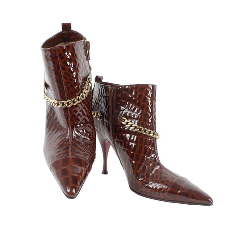 Emanuel Ungaro NEW Sz 6.5M Brown Gold Croco Embossed Point Toe High Heel Bootie