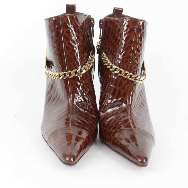 Emanuel Ungaro NEW Sz 6.5M Brown Gold Croco Embossed Point Toe High Heel Bootie
