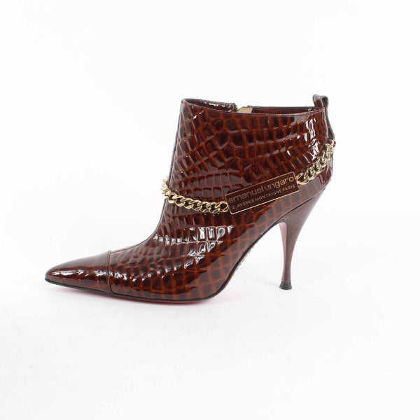 Emanuel Ungaro NEW Sz 6.5M Brown Gold Croco Embossed Point Toe High Heel Bootie