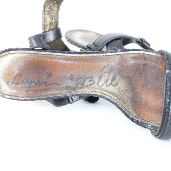 Lanvin Sz 39.5 Black Reptile Gold Strappy Buckle Leather 1.75" Heels