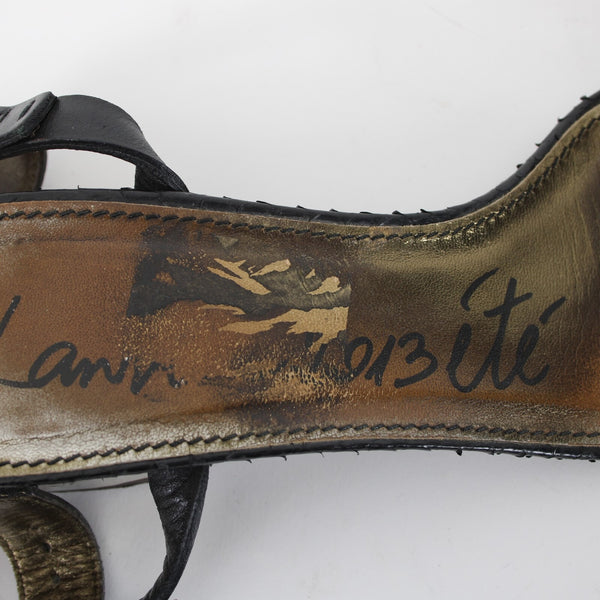 Lanvin Sz 39.5 Black Reptile Gold Strappy Buckle Leather 1.75" Heels