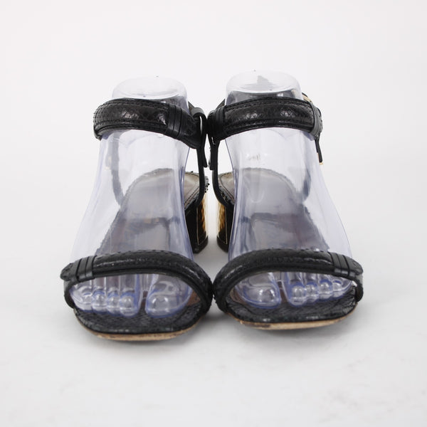 Lanvin Sz 39.5 Black Reptile Gold Strappy Buckle Leather 1.75" Heels